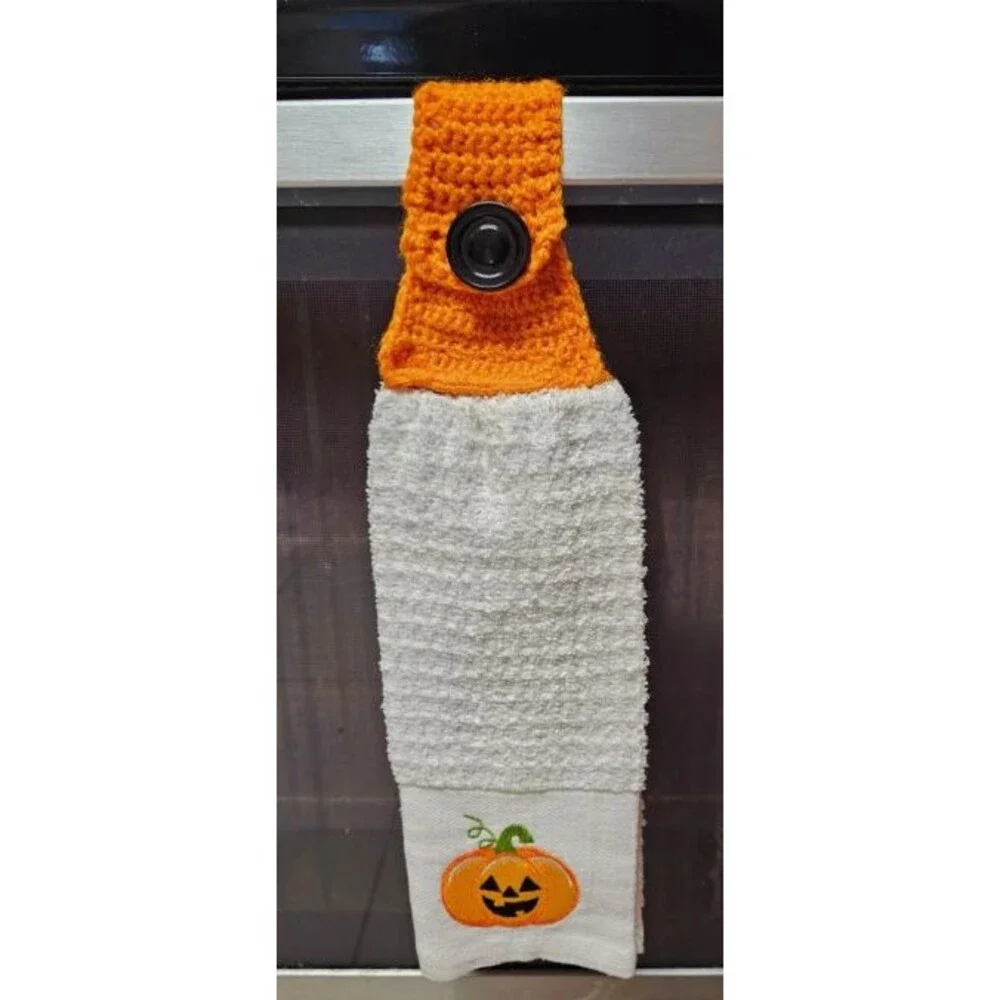 Halloween Crocheted Hanging Kitchen Hand Full Towel Pumpkin Button Handmade Top